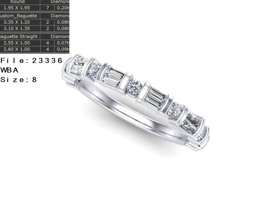 23336WB Bespoke Platinum Wedding Band w/5 RBC Diamonds= and 12 Baguette Diamonds=