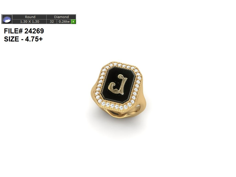 24269 Bespoke 18K Yellow Gold Diamond Ring w/J Initial & European Shank, 32D=.31CTTW F/VS
