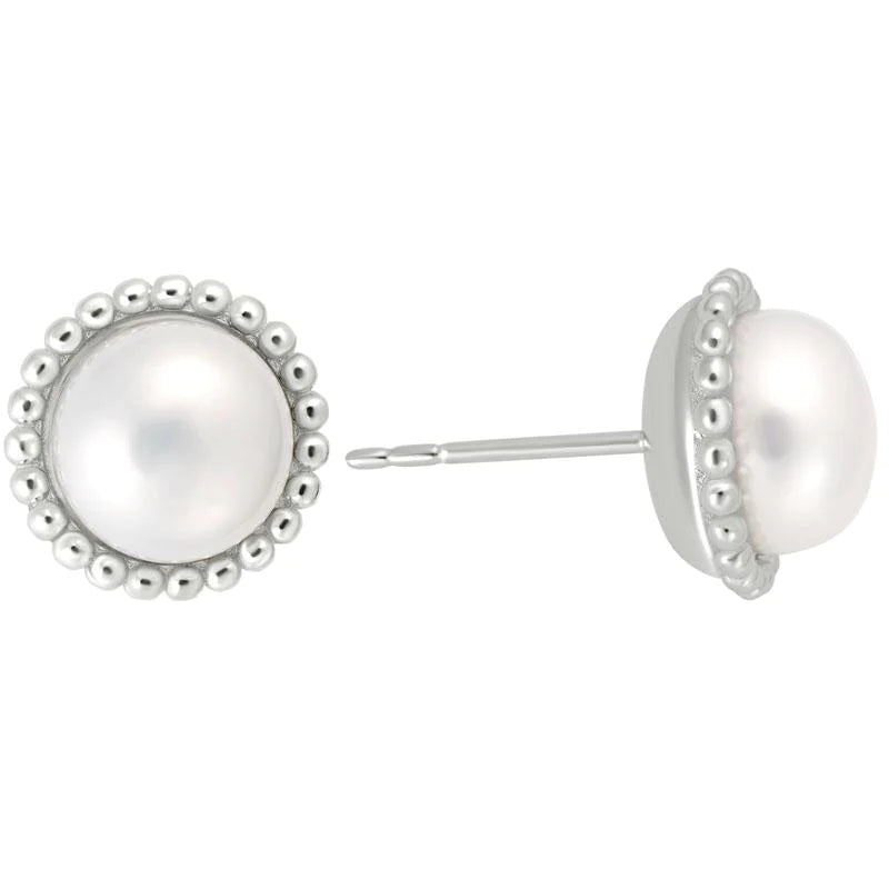 Pearl Stud Earrings with Bead Halo in Sterling Silver & Rhodium Upgrade!