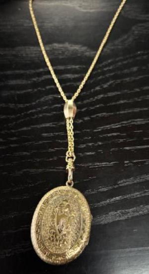 14K Antique Engraved Locket & Watch Chain w/Dog Clip & Slide, Shortened to 28" W/Lobster Clasp. Estate Collection