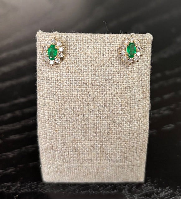 Diamond & Emerald Stud Earrings in 14K Yellow Gold, 2E=1.00CTTW, 20D=.35CTTW, Estate Collection