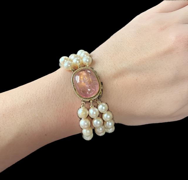 STUNNER 14K Yellow Gold  Pink Tourmaline & Cultured Pearl Triple Strand Bracelet, 7" Length. Estate Collection-Freshly Re-Strung, Hand-knotted on Silk!