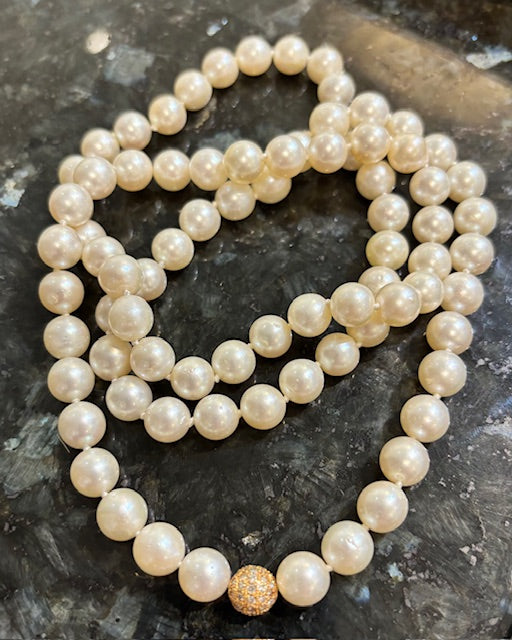 14K Pave Diamond Bead in 28" Strand of Cultured Pearls, 81 in Total. Freshly Hand-Knotted on Silk