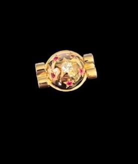 Art Deco Ruby & Diamond Ring in 18K Pink & Yellow Gold, Size 7.5+. Estate Collection. D=.08CT, 5R=.10CTTW