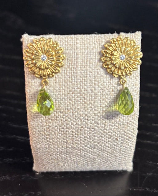 18K Diamond Sunflower Stud Drop Earrings with Peridot Briolette Drops, 2D=.06CTTW