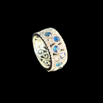 Gorgeous Sapphire & Diamond Wide Band Ring in 18K White Gold,47D=.61CTTW, 7S=1.65CTTW Estate Collection. Size 6.5