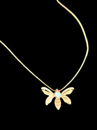 INCREDIBLE Antique Opal & Pearl Butterfly Pendant on Modern Wheat Chain, 14K Yellow Gold, Estate Collection