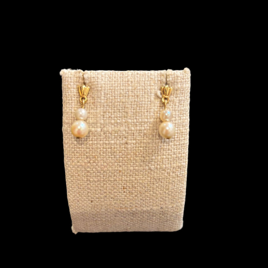 14K Vintage Double Pearl Drop Earrings, Estate Collection