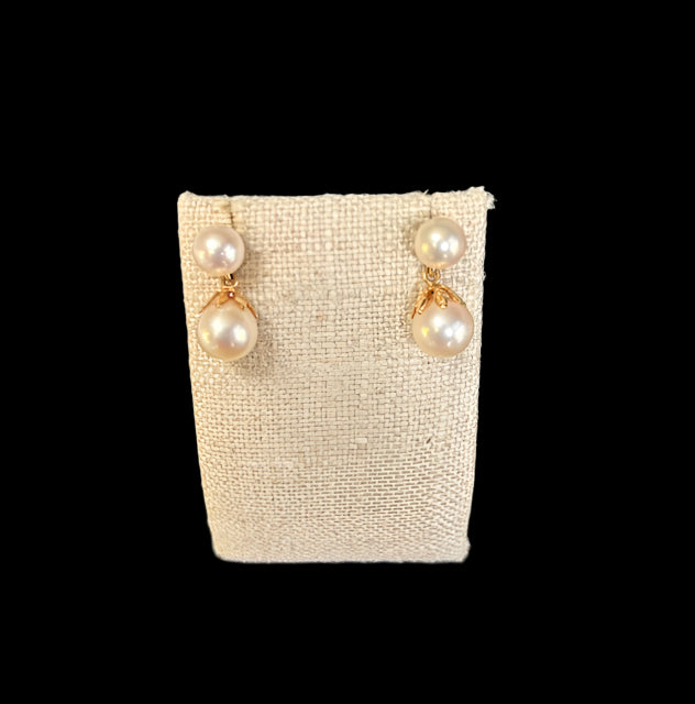 Double Pearl Drop Earrings in 14K Yellow Gold, Estate Collection