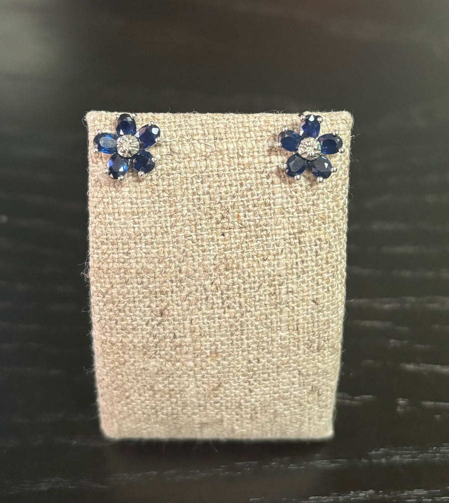 Sweet Sapphire & Diamond Flower Studs in 14K White Gold, Estate Collection. 10S=1.1CTTW, 2D=.03CTTW