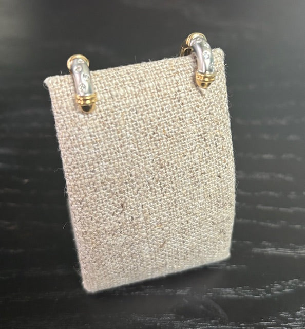 SO Classic! 14K White & Yellow Gold Burnish Set Diamond Huggie Hoop Earrings, 8D=.12CTTW. Estate Collection