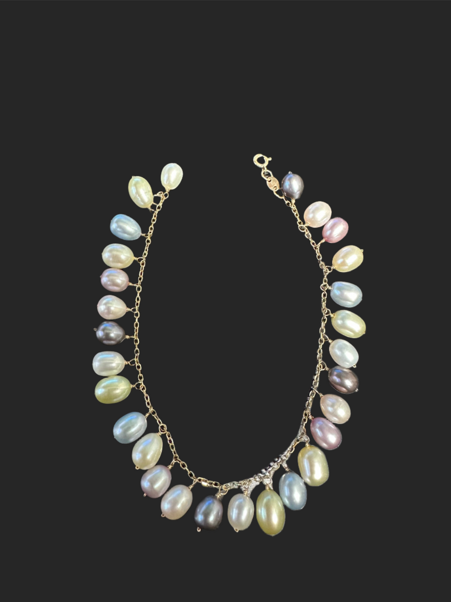 Pearl Party! Cultured Freshwater Pearl Multicolor Dangle Bracelet in 14K, 7". Estate Colllection