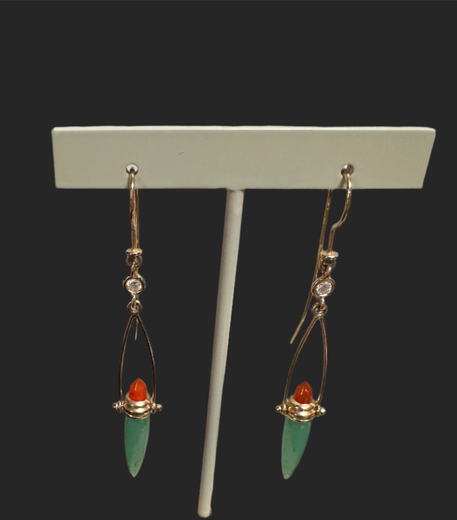 14K Diamond, Jade (dyed) & Opal Amphora Earrings, Estate Collection. 2D=.20CTTW