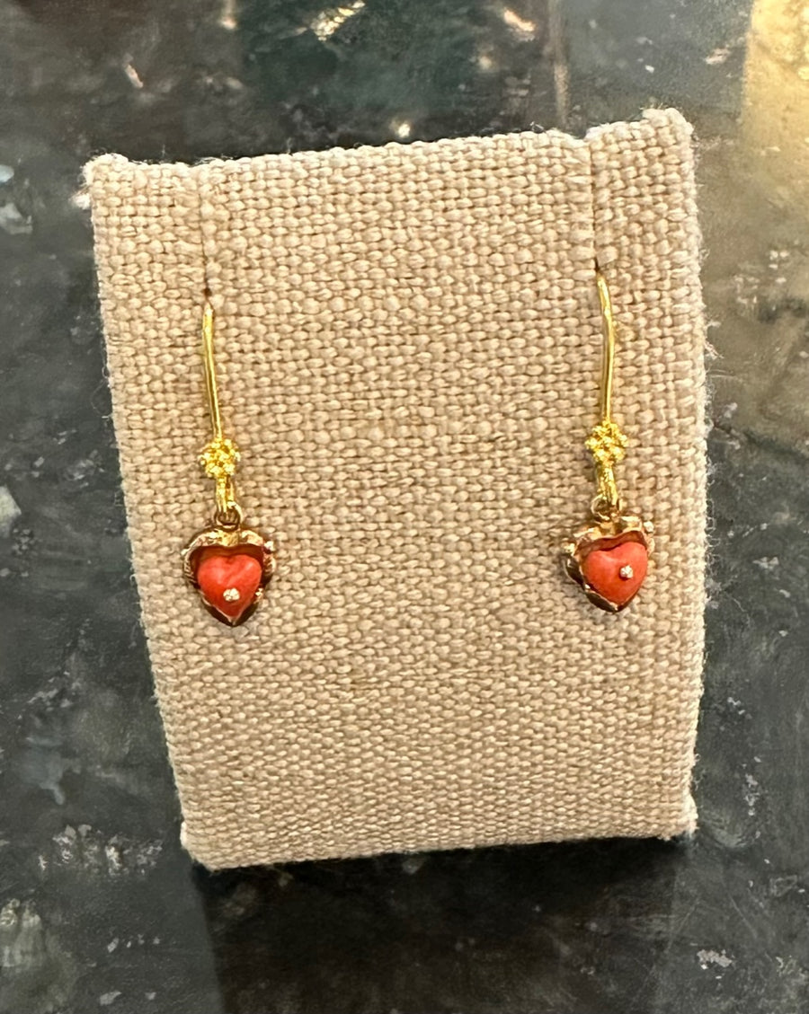 18K Antique Coral Heart Earrings on Modern Frenchwires w/ Granulated Gold Detail!