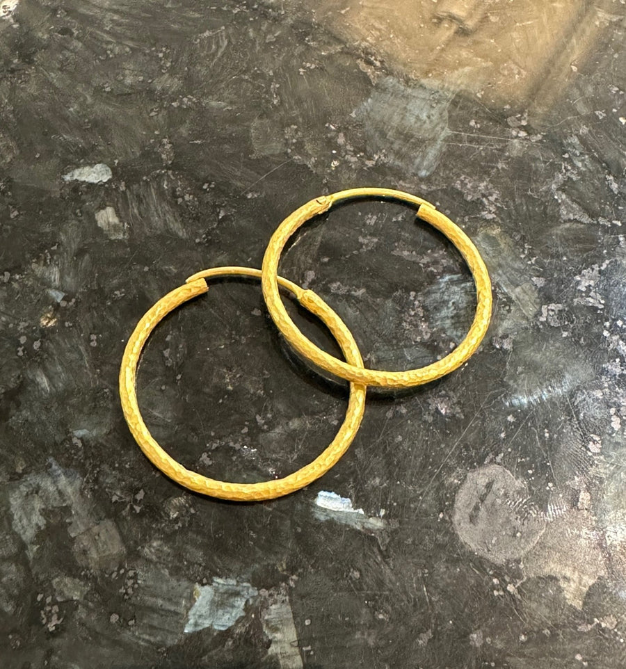 20K Hammered Matte Finish Yellow Gold Hoops, 30MM Size