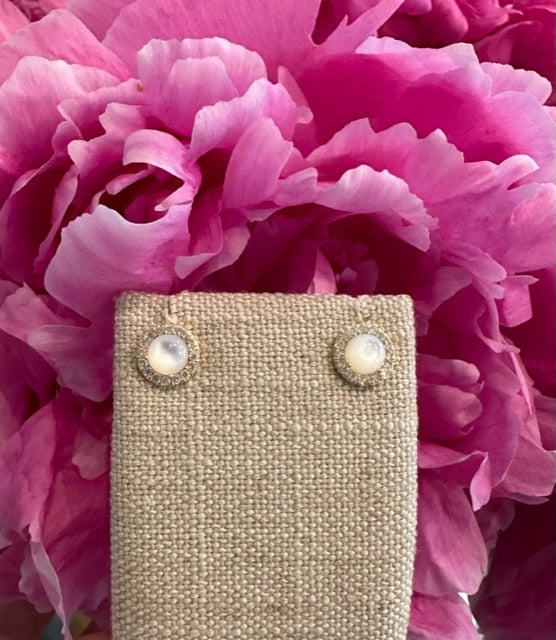 Gorgeous & SO Elegant, Mother of Pearl Diamond Halo Stud Earrings in 14K Yellow Gold. MP=1.01CT, 32D=.24CTTW
