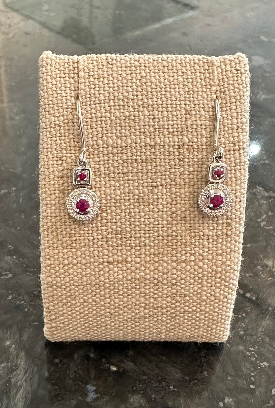 Ruby & Diamond "Anytime" Drop Earrings in 14K White Gold, 38D=.06CTTW, 4R=.16CTTW