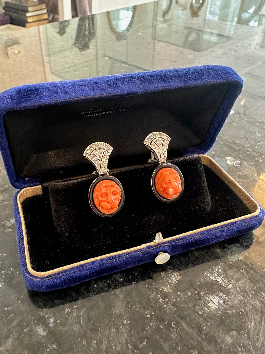 Art Deco Diamond, Carved Coral & Black Enamel Earrings in Platinum & 18K. 20D=.65CTTW
