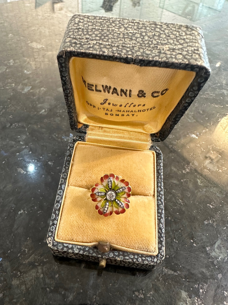 "Le Petit Fleur" French Plique-A-Jour Enamel Pansy Ring by Alp Sagnak in 18K Yellow Gold & Diamonds, 21D=.34CTTW H/VS. Size 6.25