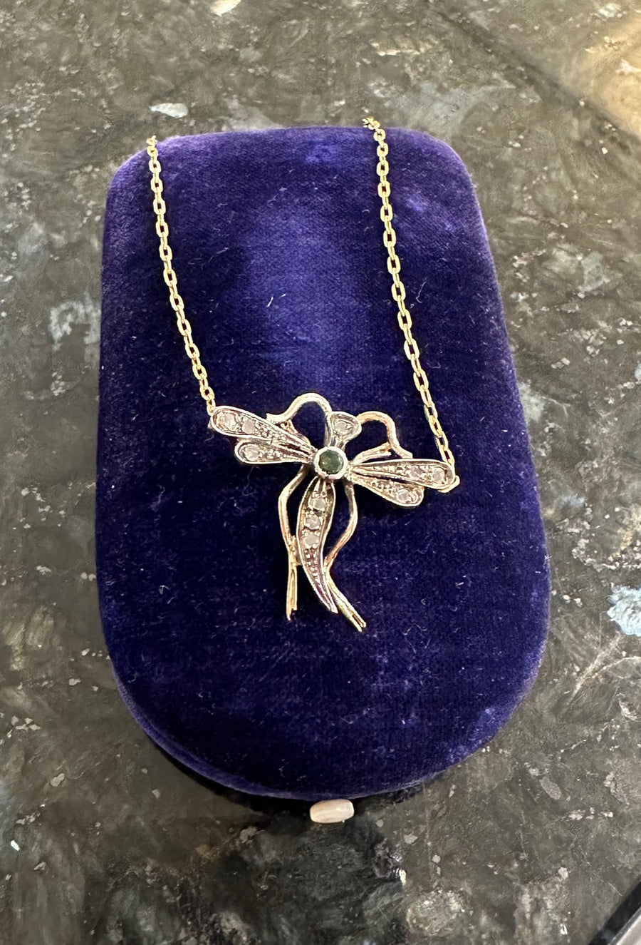 Vintage Diamond & Emerald Dragonfly Necklace in 14-Karat Yellow Gold & Sterling Silver, 17" Length