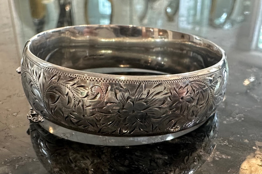 Sterling Silver Beautifully Engraved Bangle Bracelet with Safety Chain, c. 1940's