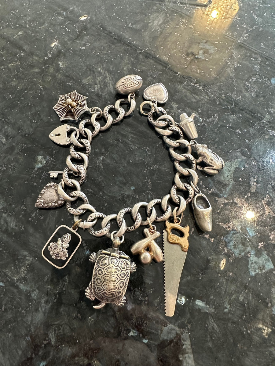 Incredible Antique Sterling Silver Charm Bracelet w/ Mixed Sterling & Base Metal Charms, Unique!!!