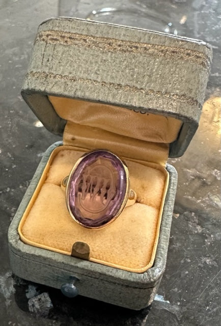 Victorian Amethyst Wax Seal Ring in 10K Yellow Gold, SIze 5. Initials JWC