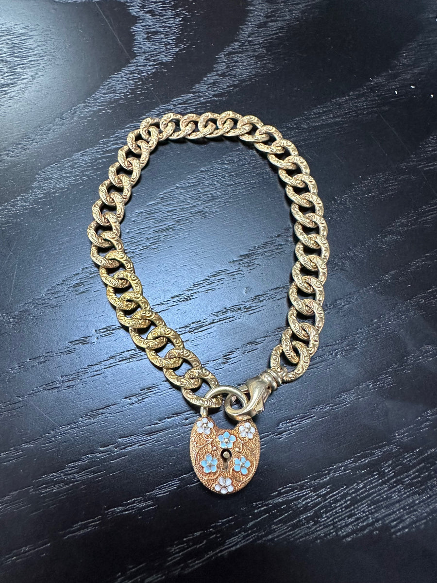 Antique Victorian 14K Chased Link Daisy Enamel Heart Padlock Bracelet with New 14K Swivel Clasp, Incresibly Rare!