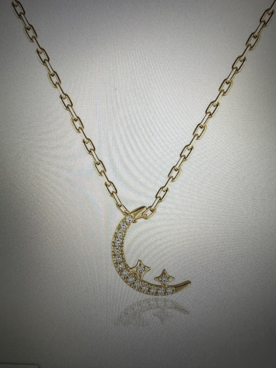Darling Moon & Twinkling Star Necklace in 14K Yellow Gold, 16D=.04CTTW, 16" Length