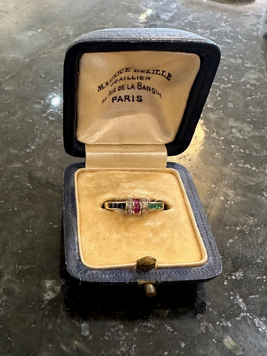 Ruby,Emerald,Sapphire & Diamond Band Ring in 14K Gold, 10D=.05CTTW. Size 6.75. Estate Collection, Hallmarked!