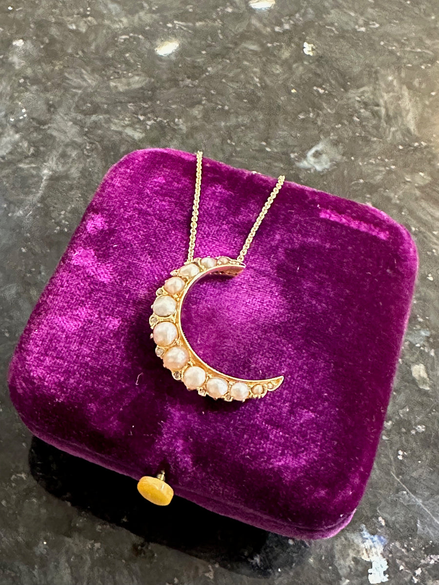 Rare! Antique Natural Pearl & Rose Cut Diamond Crescent Moon Necklace, 14K Yellow Gold, 16-18"