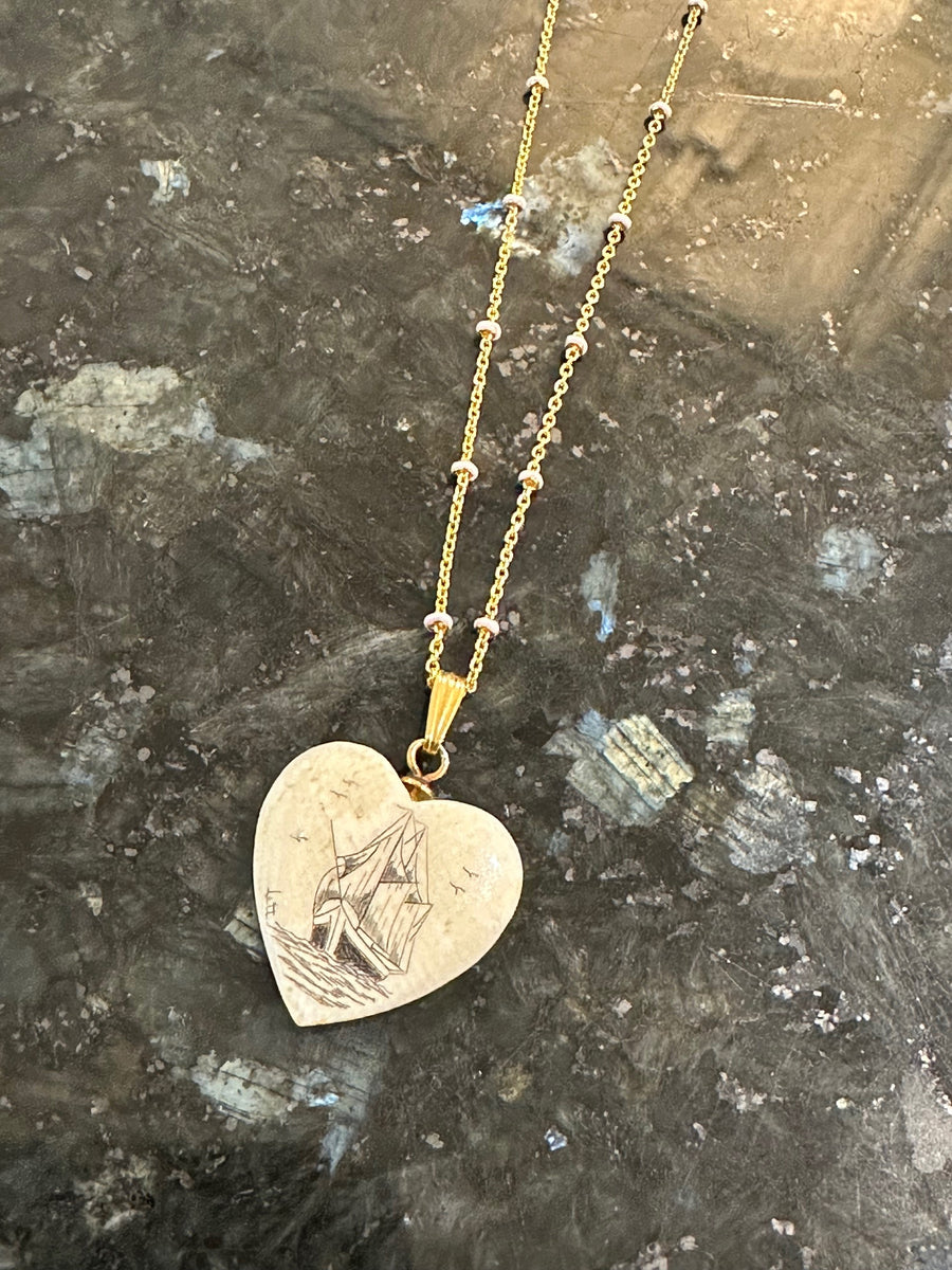 "Sailors Delight" Scrimshaw Heart Necklace on 14K Yellow Gold White Enamel Station Chain, 16-18" Adjustable!