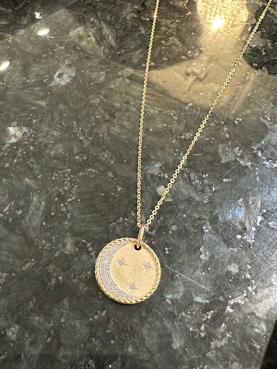 Gorgeous Diamond Moon & Stars Pendant Necklace in 14K Gold, 18" Adjustable 51D=.16CTTW