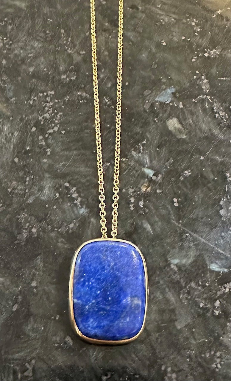 Gorgeous Lapis Lazuli Bezel Set Necklace in 14K Yellow Gold, 18" Length