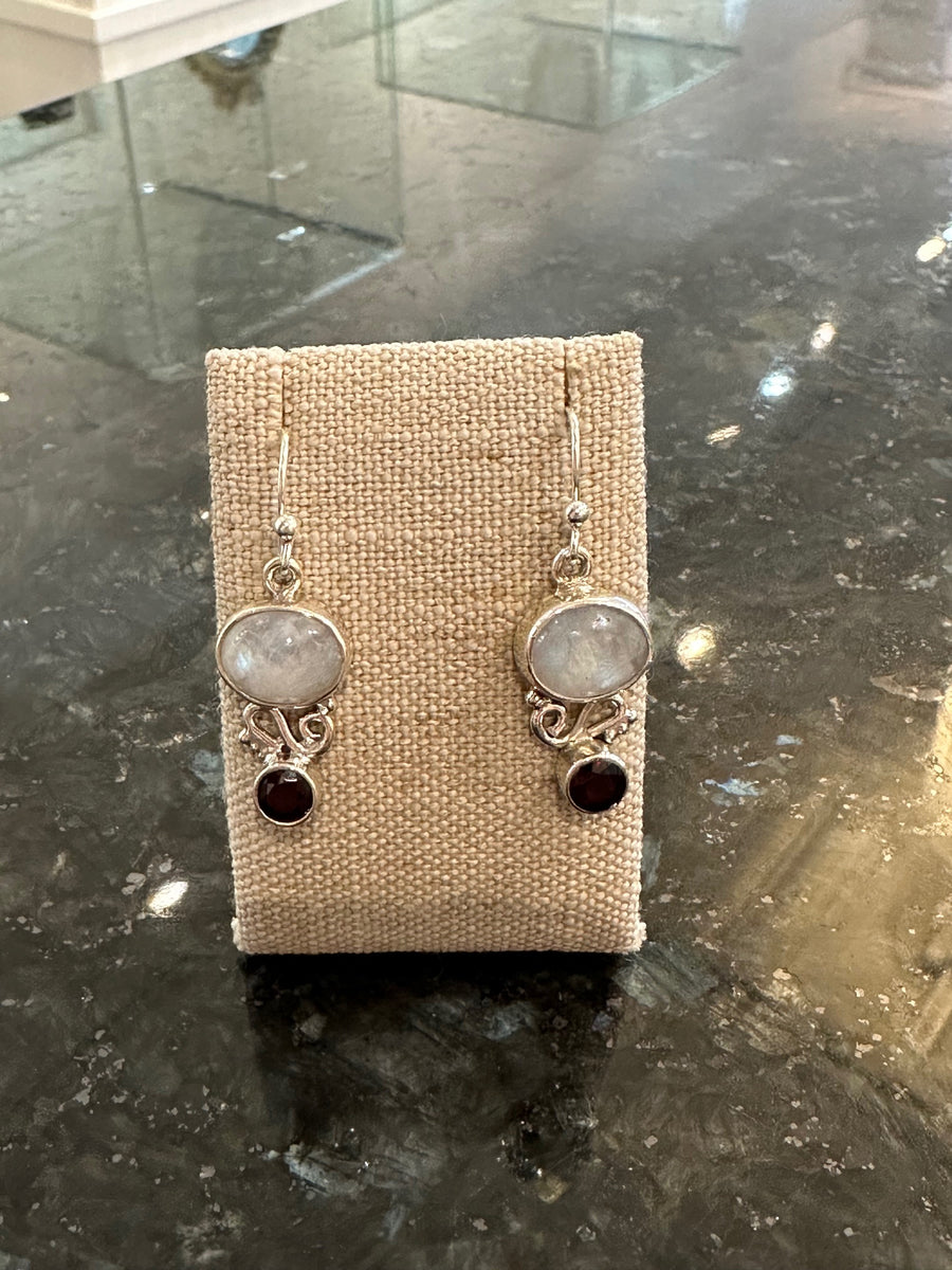 Sterling Silver Moonstone & Garnet Drop Earrings on French Wires