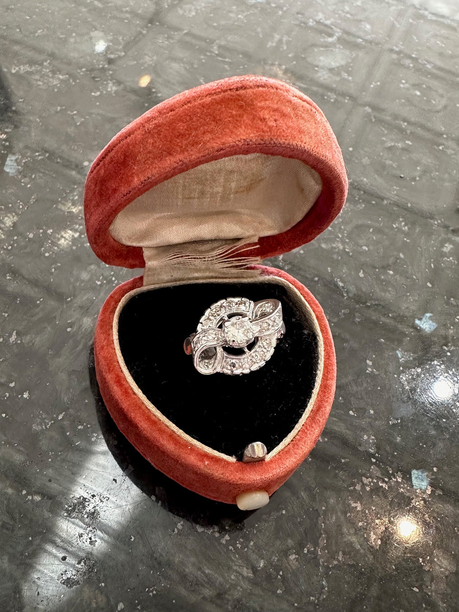 Vintage 14K White Gold Diamond Bow Ring, Size 6. Fresh Polish & Stone Tightening! Center D=.35CT,  14D=.40CTTW, Estate Collection