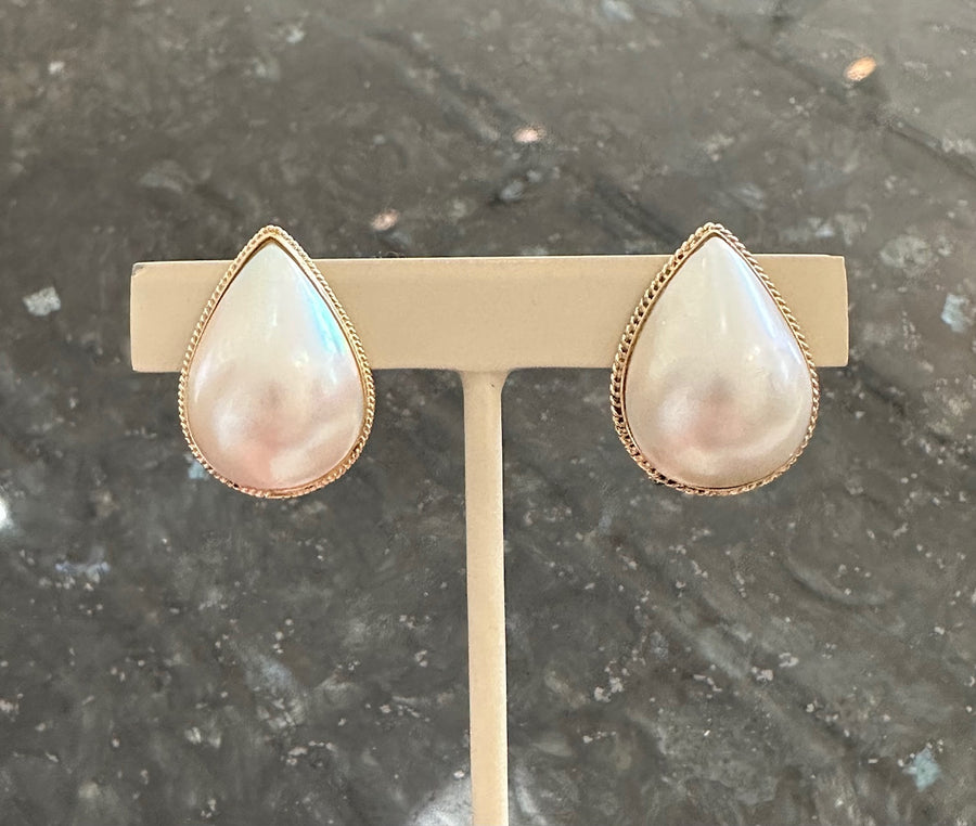 Fabulous Mabe Pearl Omega Back Studs in 14K Yellow Gold, Vintage Estate