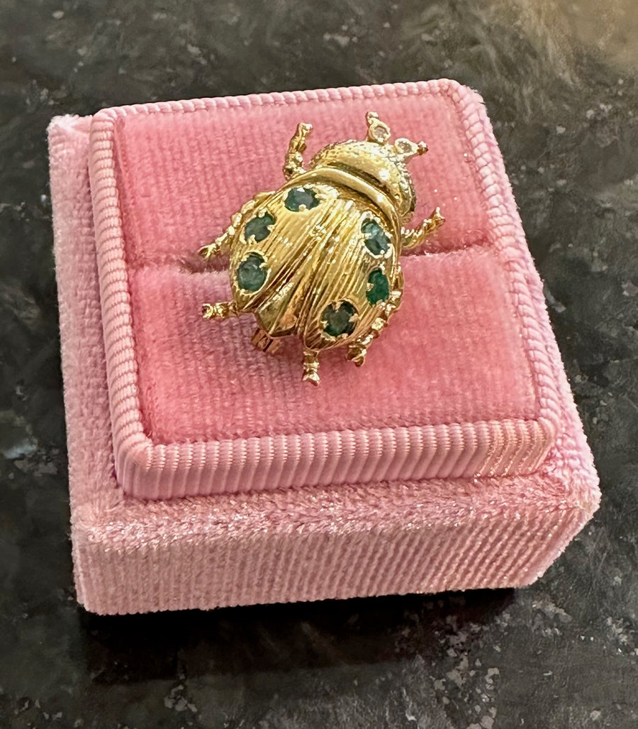 Vintage Adorable 14K Good Luck Beetle Pin, Diamond Eyes & 6 Emeralds=.55CTTW! Estate Collection