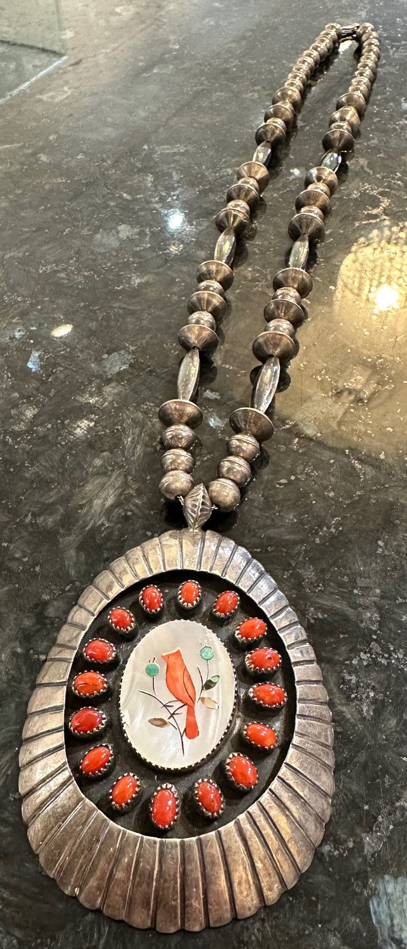Absolutely Incredible Shadowbox Coral & Inlaid Mother of Pearl Cardinal Sterling Necklace, 23" Total plus 3" Cardinal Plaque