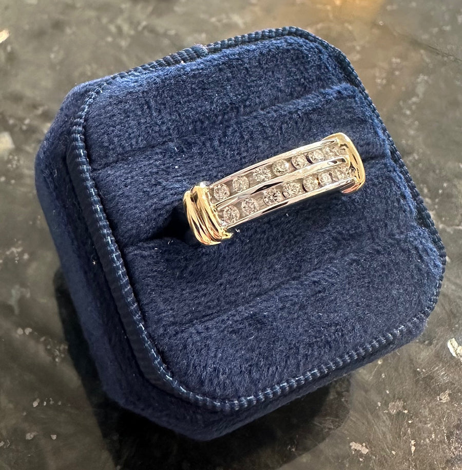 Gorgeous 14K Double Row Diamond Band with Yellow Gold Accents, 16D=.24CTTW Size 8. Estate Collection