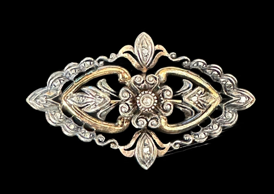 Early Victorian 18KGold & Silver Giardinetti Style Brooch w/7 Diamonds=.04CTTW