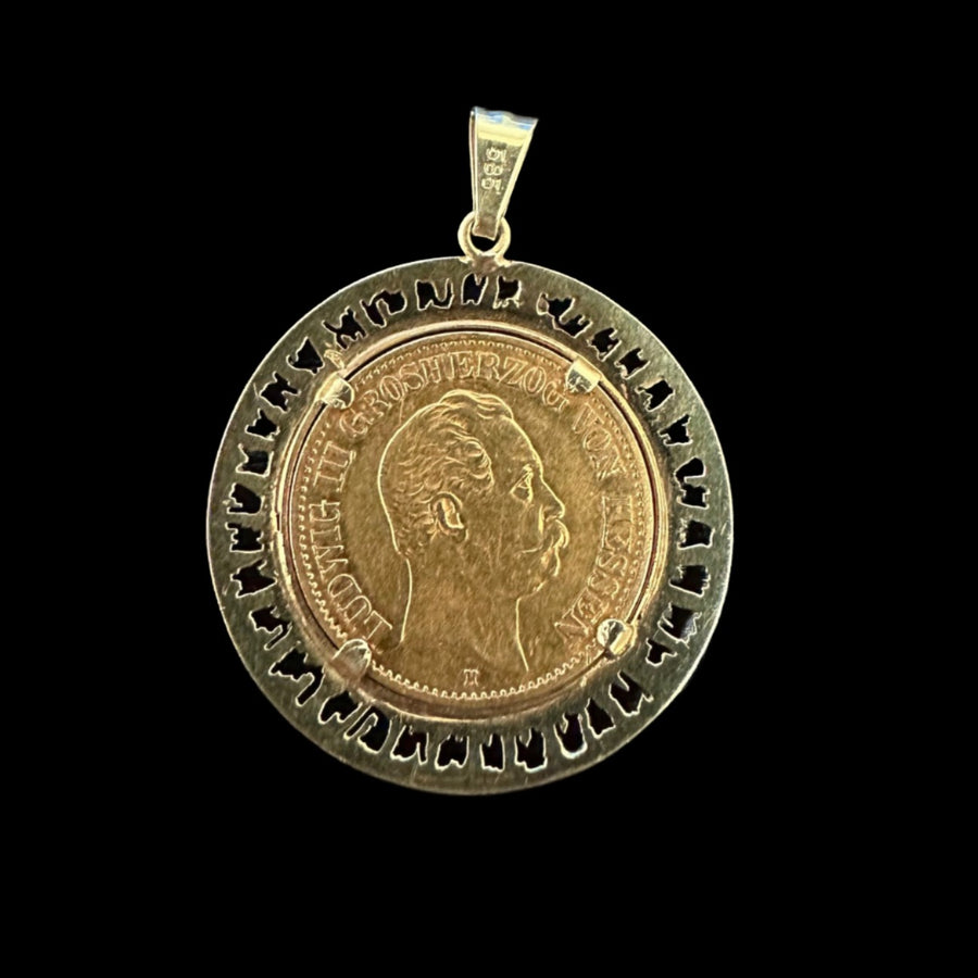 1876 10 Mark "Hesse" 21K (.900) Gold Coin Pendant in 14K Frame
