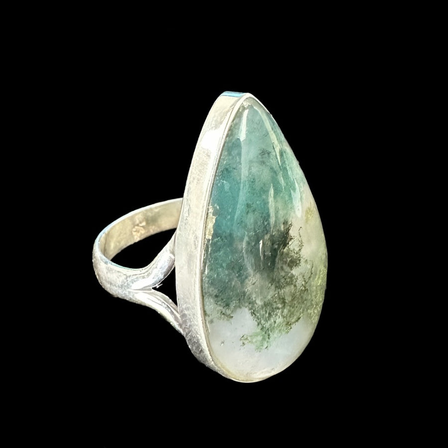 Gorgeous Moss Agate Pear-Shaped Bezel Set Ring, Sterling Silver. Size 7+