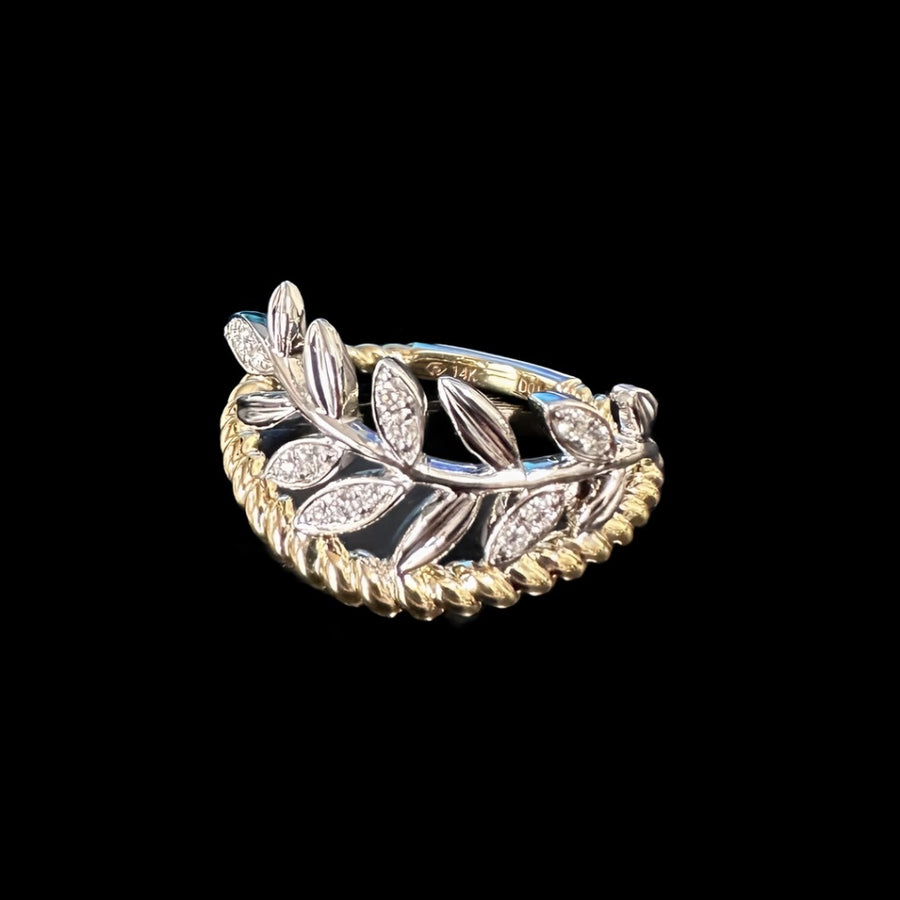 Unique Diamond Branch Ring in 14K White & Yellow Gold, 14D=.11CTTW G/VS2-SI1 Size 7