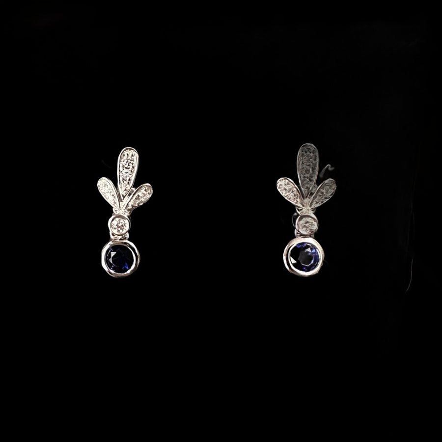 Sweet Sapphire & Diamond Stud Dangle Drop Earrings in 14K White Gold, 16D=.07CTTW, 2S=.23CTTW