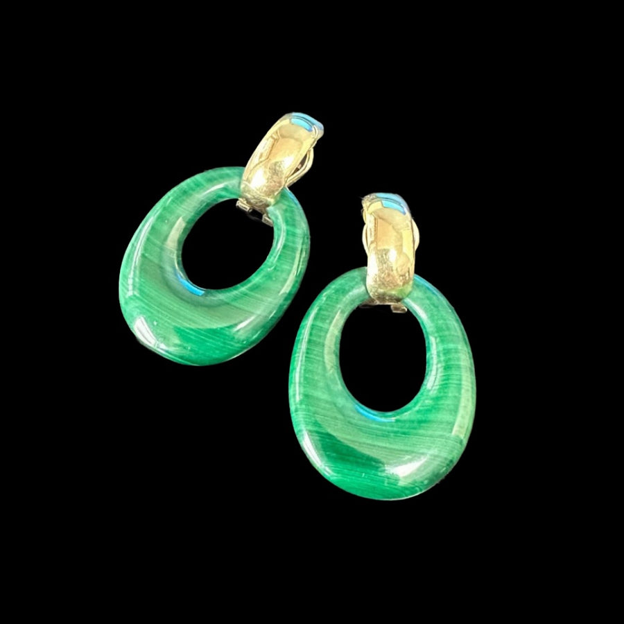 Fabulous Malachite & 14K Omega Back Hoop Earrings, Malachite Removable! Estate Collection