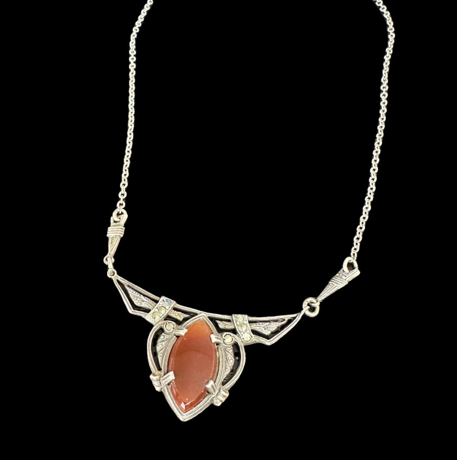 Spectacular Art Deco Carnelian & Marcasite Sterling Silver Necklace, 20" Length