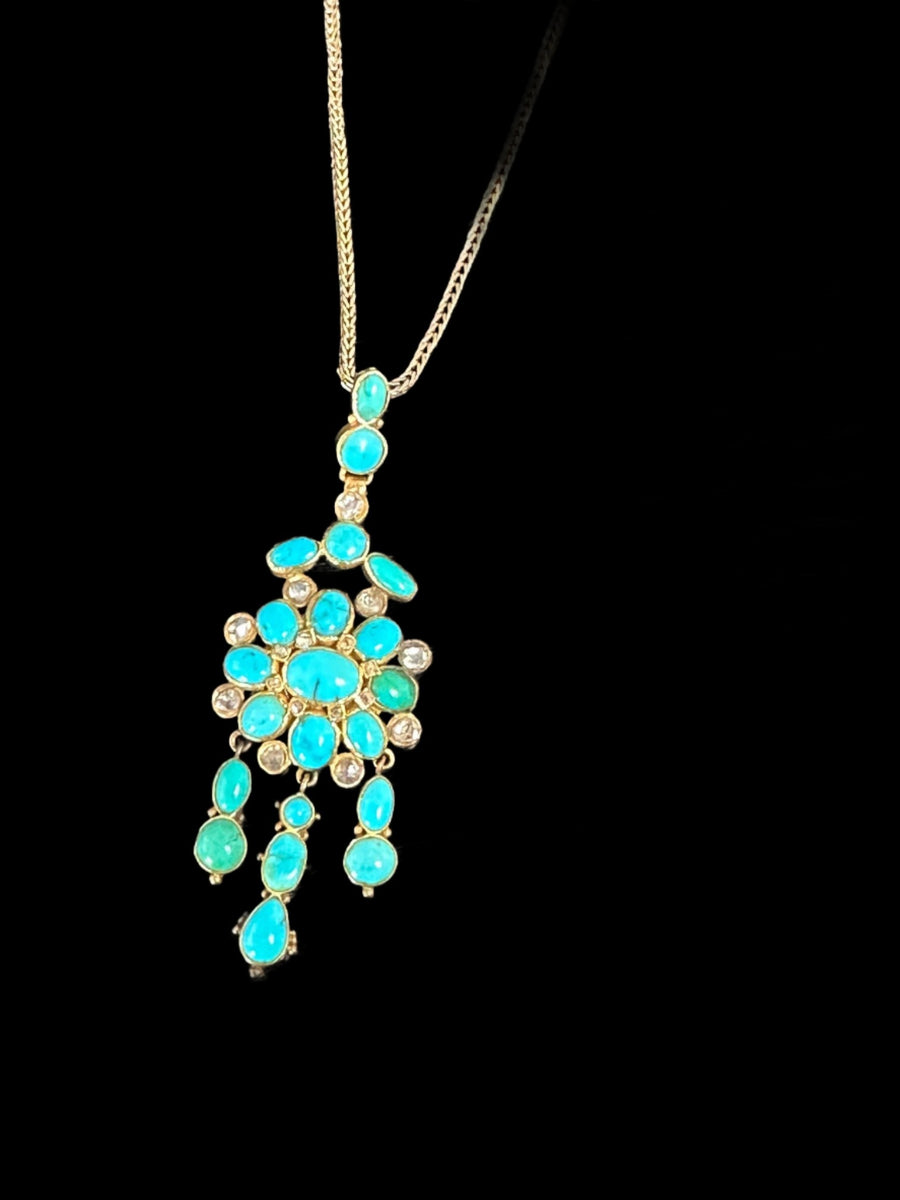 Antique Turquoise & Rose/Native Cut Diamond Necklace. 14K Turquoise & Clasp, 9K Antique Chain