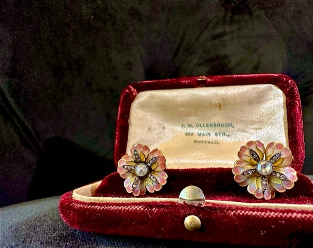 Plique-A-Jour French Enamel 18K Gold & Diamond Flower Stud Earrings by Alp Sagnak, D=.28CTTW