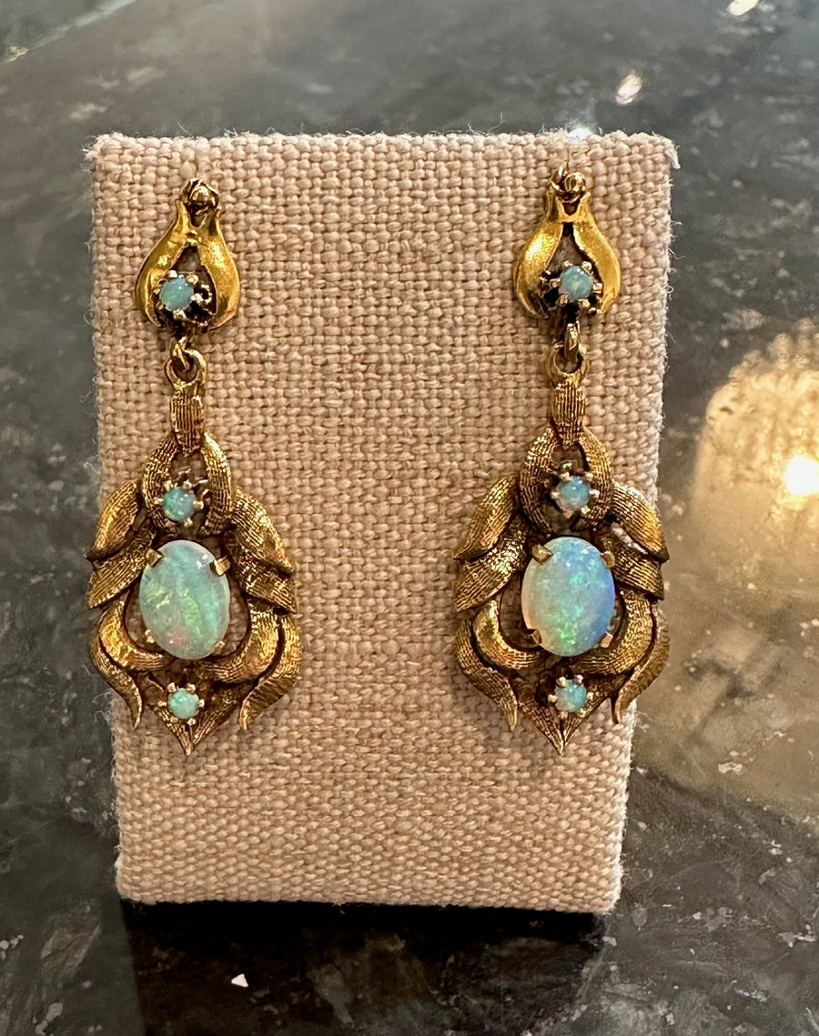 Stunning Antique 14K Opal Drop Earrings, 8O=1.00CTTW